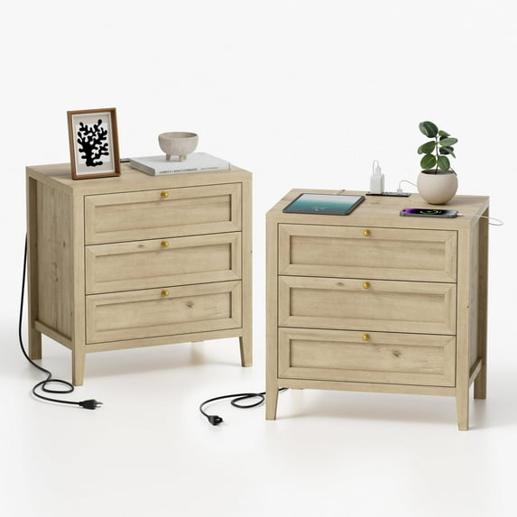 Joyyskill Farmhouse Nightstands Set of 2 with 3 Drawers Larger Night Stand with Charging Station Tall Bed Side Table Wide Nightstand End Table, Light Oak