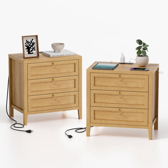 Joyyskill Farmhouse Nightstands Set of 2 with 3 Drawers Larger Night Stand with Charging Station Tall Bed Side Table Wide Nightstand End Table, Nautral Oak