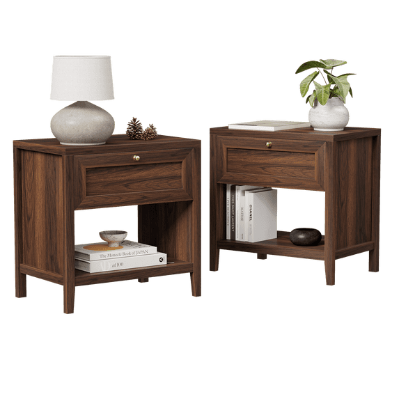 Joyyskill Farmhouse Nightstands Set of 2, Modern End Table with Open Shelf and a Drawer, Large Wooden Bedside Table, Brown