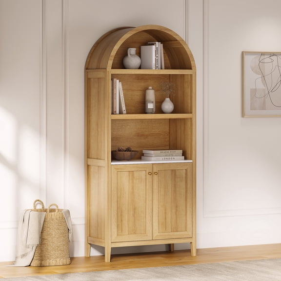 Joyyskill Farmhouse Tall Arched Bookshelf Bookcase, Modern 71" Storage Cabinet with Doors & Adjustable Shelf, Wood Cupboard with Open Display Shelf Natural Oak
