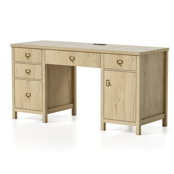 Joyyskill Farmhouse Wood Home Office Desk, 59" Executive Desk Computer Desk with File Drawer Charging Station and Storage Cabinet for Writing Study, Light Oak