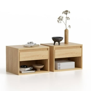 Joyyskill Floating Nightstand Set of 2 with Drawer, Small Wall Mounted Bedside End Table, Modern Night Stand, Natural Oak
