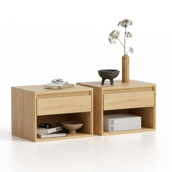 Joyyskill Floating Nightstand Set of 2 with Drawer, Small Wall Mounted Bedside End Table, Modern Night Stand, Natural Oak