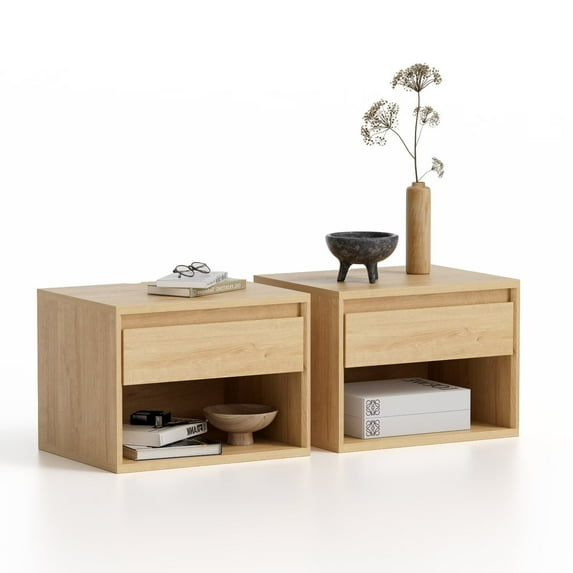 Joyyskill Floating Nightstand Set of 2 with Drawer, Small Wall Mounted Bedside End Table, Modern Night Stand, Natural Oak