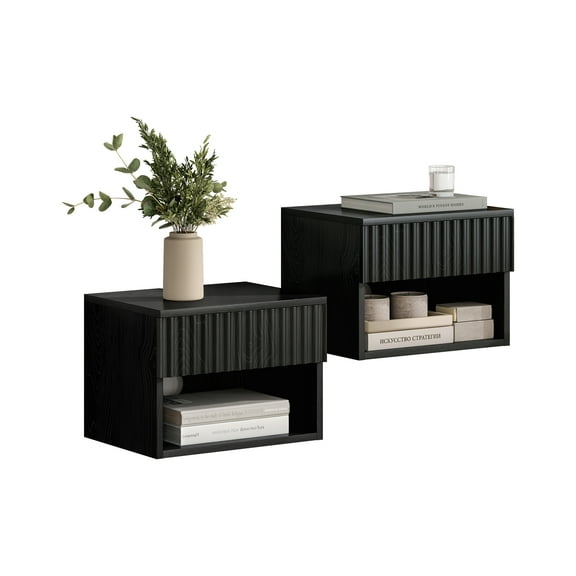 Joyyskill Floating Nightstand with Drawer Set of 2, Small Wall Mounted Bedside End Table, Modern Fluted Night Stand, Black