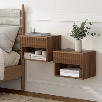 Joyyskill Floating Nightstand with Drawer Set of 2, Small Wall Mounted Bedside End Table, Modern Fluted Night Stand, Brown