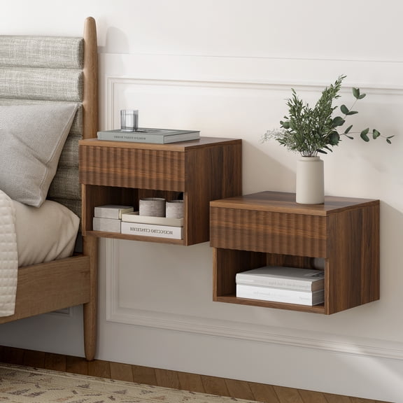 Joyyskill Floating Nightstand with Drawer Set of 2, Small Wall Mounted Bedside End Table, Modern Fluted Night Stand, Brown