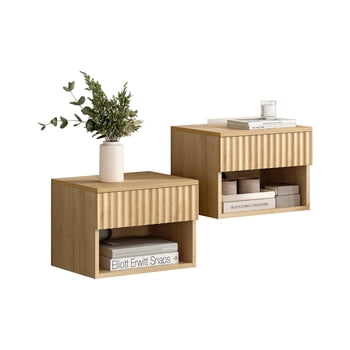 Joyyskill Floating Nightstand with Drawer Set of 2, Small Wall Mounted Bedside End Table, Modern Fluted Night Stand, Natural Oak