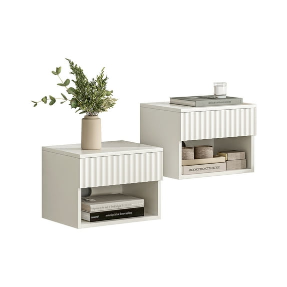 Joyyskill Floating Nightstand with Drawer Set of 2, Small Wall Mounted Bedside End Table, Modern Fluted Night Stand, White