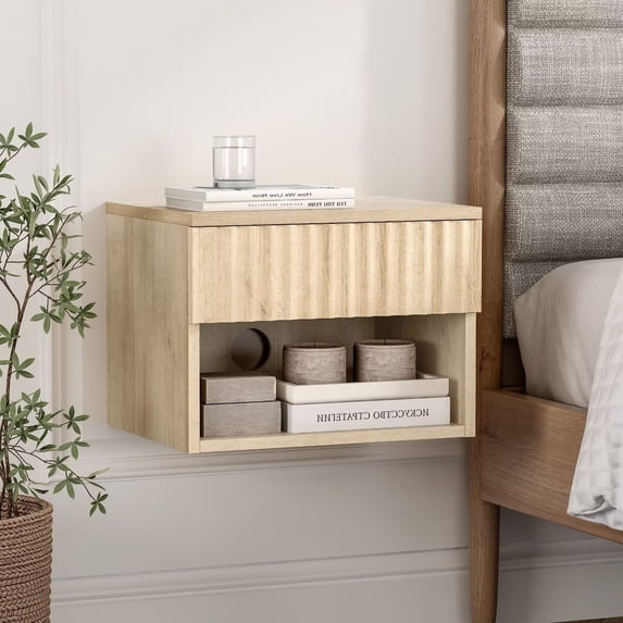 Joyyskill Floating Nightstand with Drawer and Open Shelf, Small Wall Mounted Bedside End Table, Modern Fluted Night Stand, Light Oak
