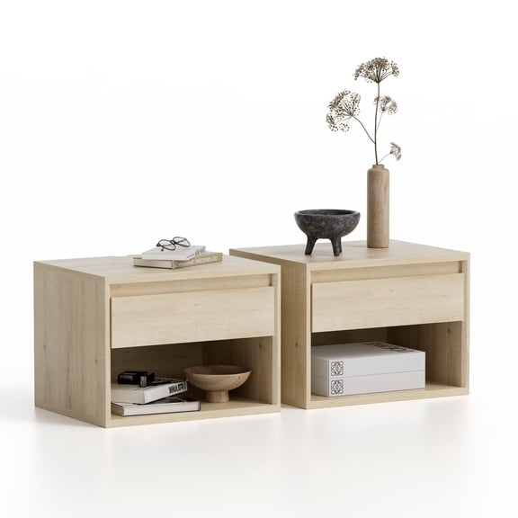 Joyyskill Mid Century Modern Floating Nightstand Set of 2, Wall Mounted End Table with Drawer and Open Compartment Wooden Bedside Night Stand Small Storage Cabinet, Light Oak