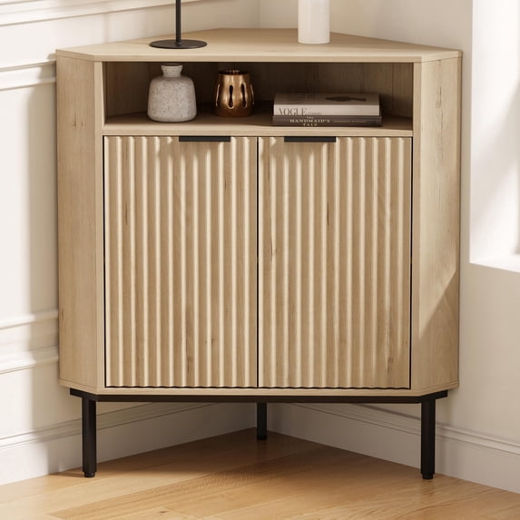 Joyyskill Fluted Corner Cabinet with Storage, Modern Floor Cabinets with Adjustable Shelf & Metal Legs Wooden Narrow Cabinet Organizer, Light Oak