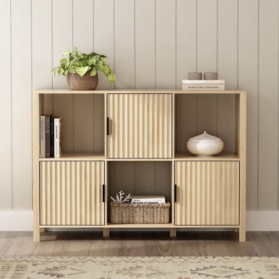 Joyyskill Fluted Cube Bookcase, Modern Storage Organizer Bookshelf with Open Shelf and Cabinets with Doors, Light Oak