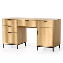 Joyyskill Fluted Executive Desk with File Drawer, 55" Large Computer Desk with Storage and Charging Station, Modern Wooden Home Office Desk, Nautral Oak