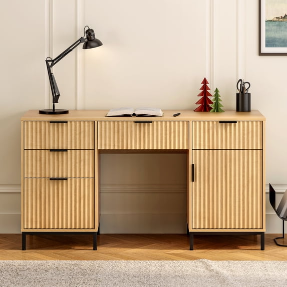 Joyyskill Fluted Executive Desk with File Drawer, 55" Large Computer Desk with Storage and Charging Station, Modern Wooden Home Office Desk, Nautral Oak
