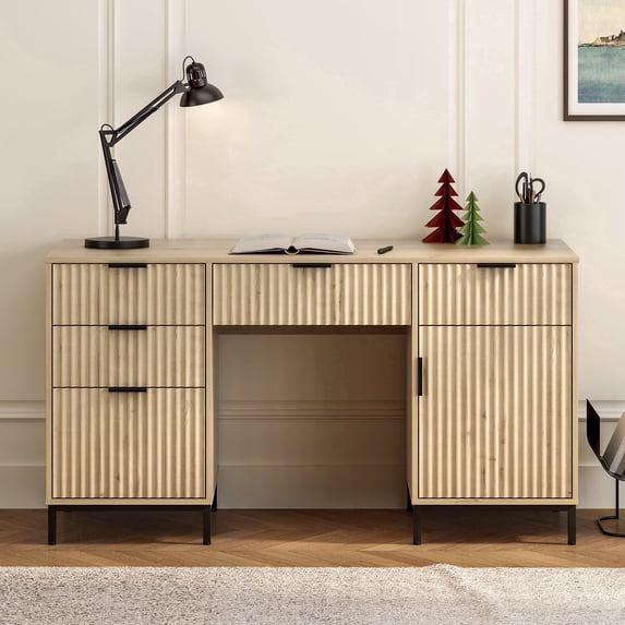 Joyyskill Fluted Executive Desk with File Drawer, 55" Large Computer Desk with Storage and Charging Station, Modern Wooden Home Office Desk Light Oak