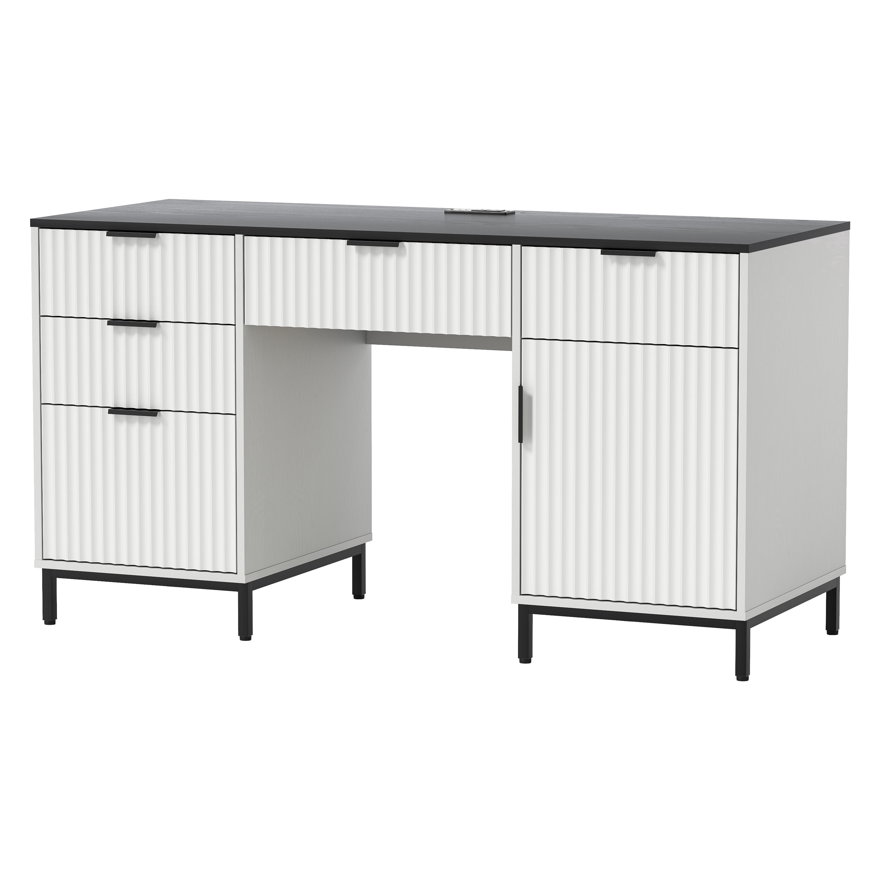 Joyyskill Fluted Executive Desk with File Drawer, 55" Large Computer Desk with Storage and Charging Station, Modern Wooden Home Office Desk White