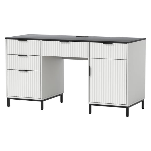 Joyyskill Fluted Executive Desk with File Drawer, 55" Large Computer Desk with Storage and Charging Station, Modern Wooden Home Office Desk White