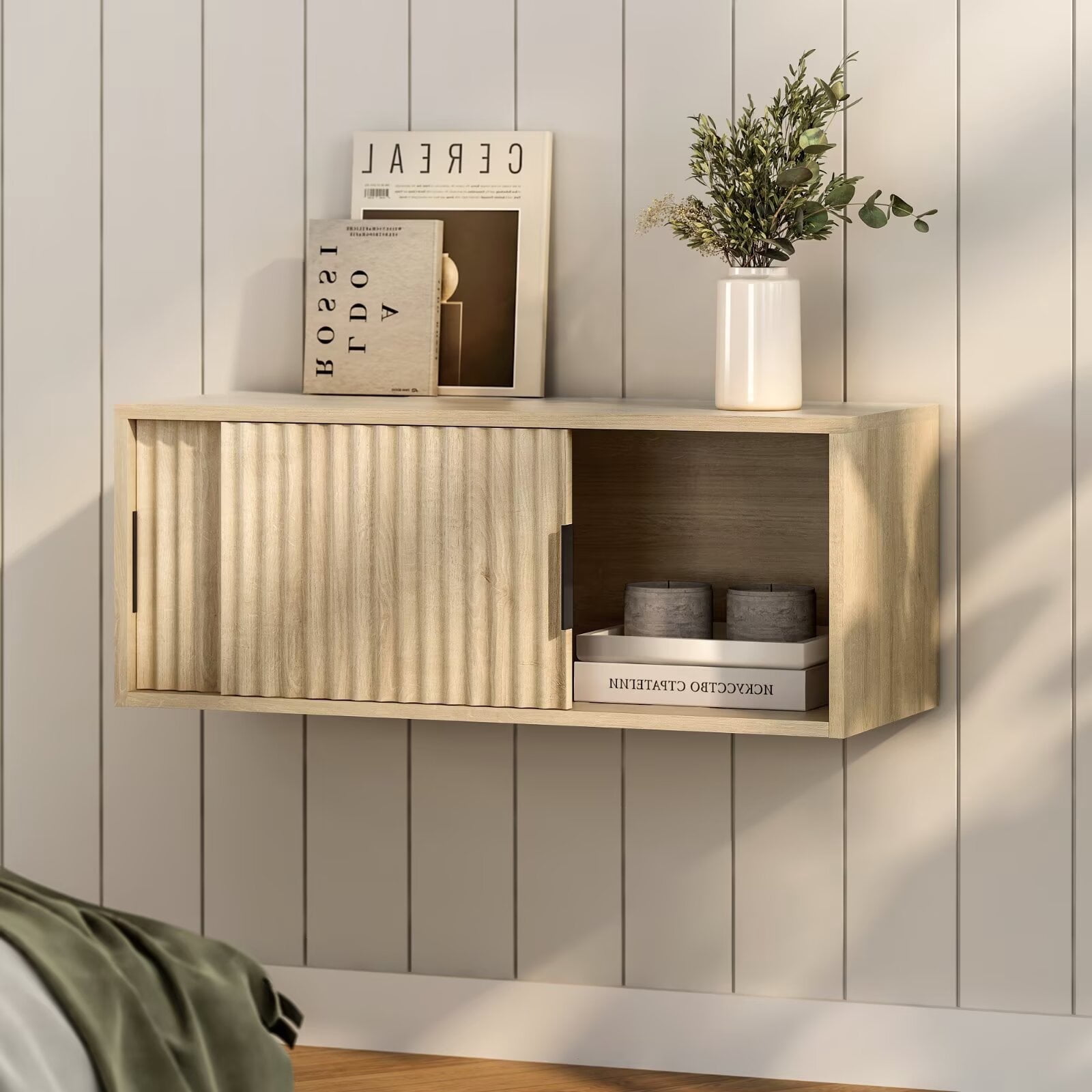 Joyyskill Fluted Floating TV Stand, 30" Multi-Purpose Modern TV Display Shelf Console Entertainment Center Cabinet with Sliding Doors, Light Oak