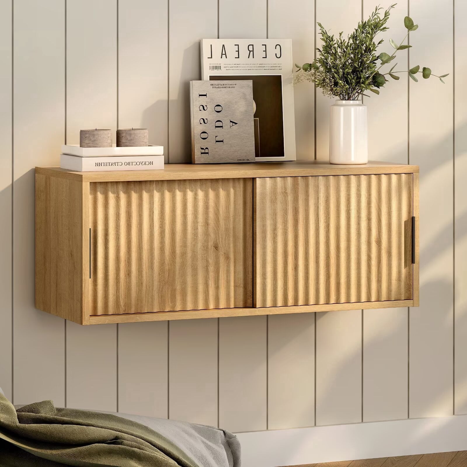 Joyyskill Fluted Floating TV Stand, 30" Multi-Purpose Modern TV Display Shelf Console Entertainment Center Cabinet with Sliding Doors, Natural Oak