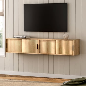 Joyyskill Fluted Floating TV Stand Set of 2, 30" Multi-Purpose Modern TV Display Shelf Console Entertainment Center Cabinet with Sliding Doors, Natural Oak