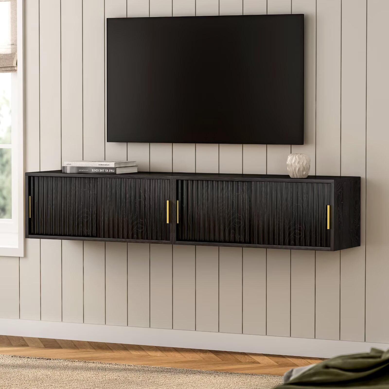 Joyyskill Fluted Floating TV Stand Set of 2, 30" Multi-Purpose Modern TV Display Shelf Console Entertainment Center Cabinet with Sliding Doors, Black