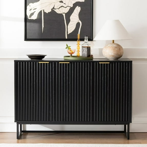 Joyyskill Fluted Storage Cabinet with 3 Doors, Sideboard Buffet Cabinet with Adjustable Shelves, Console Table with Storage Credenza Accent Cabinets, Black