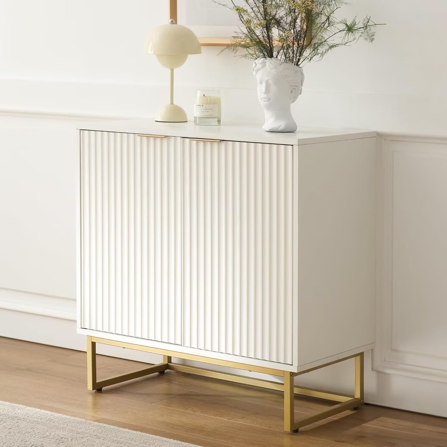 Joyyskill Fluted Storage Cabinet, Sideboard Buffet Cabinet with Adjustable Shelves, Storage Credenza Accent Cabinets, White