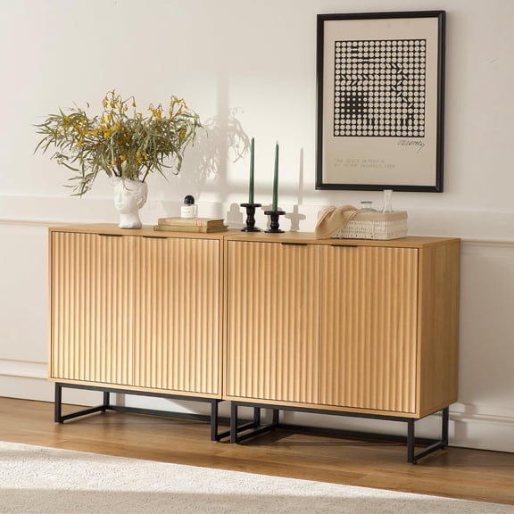 Joyyskill Fluted Storage Cabinets Set of 2, Sideboard Buffet Cabinet with Adjustable Shelves, Multifunctional Console Table Accent Cabinet, Natural Oak
