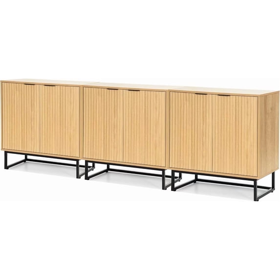 Joyyskill Fluted Storage Cabinet Set of 3, Sideboard Buffet Cabinet with Adjustable Shelves, Storage Credenza Accent Cabinets, Natural Oak
