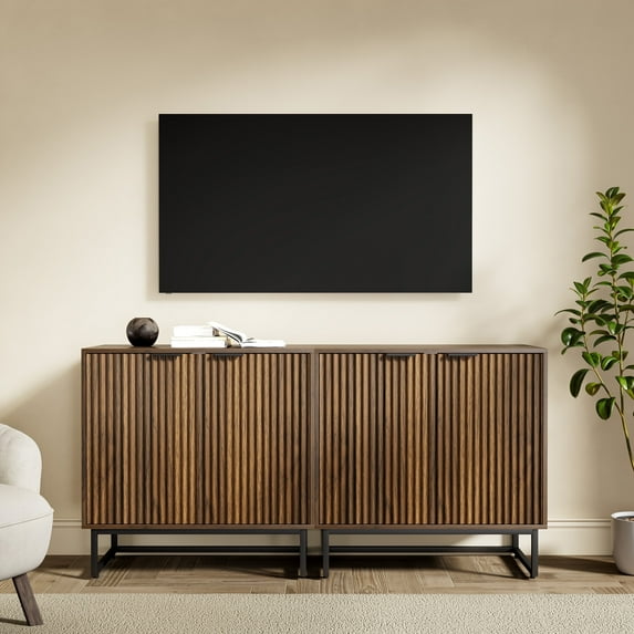 Joyyskill Fluted Storage Cabinet Set of 2, Sideboard Buffet Cabinet with Adjustable Shelves, Storage Credenza Accent Cabinets, Brown