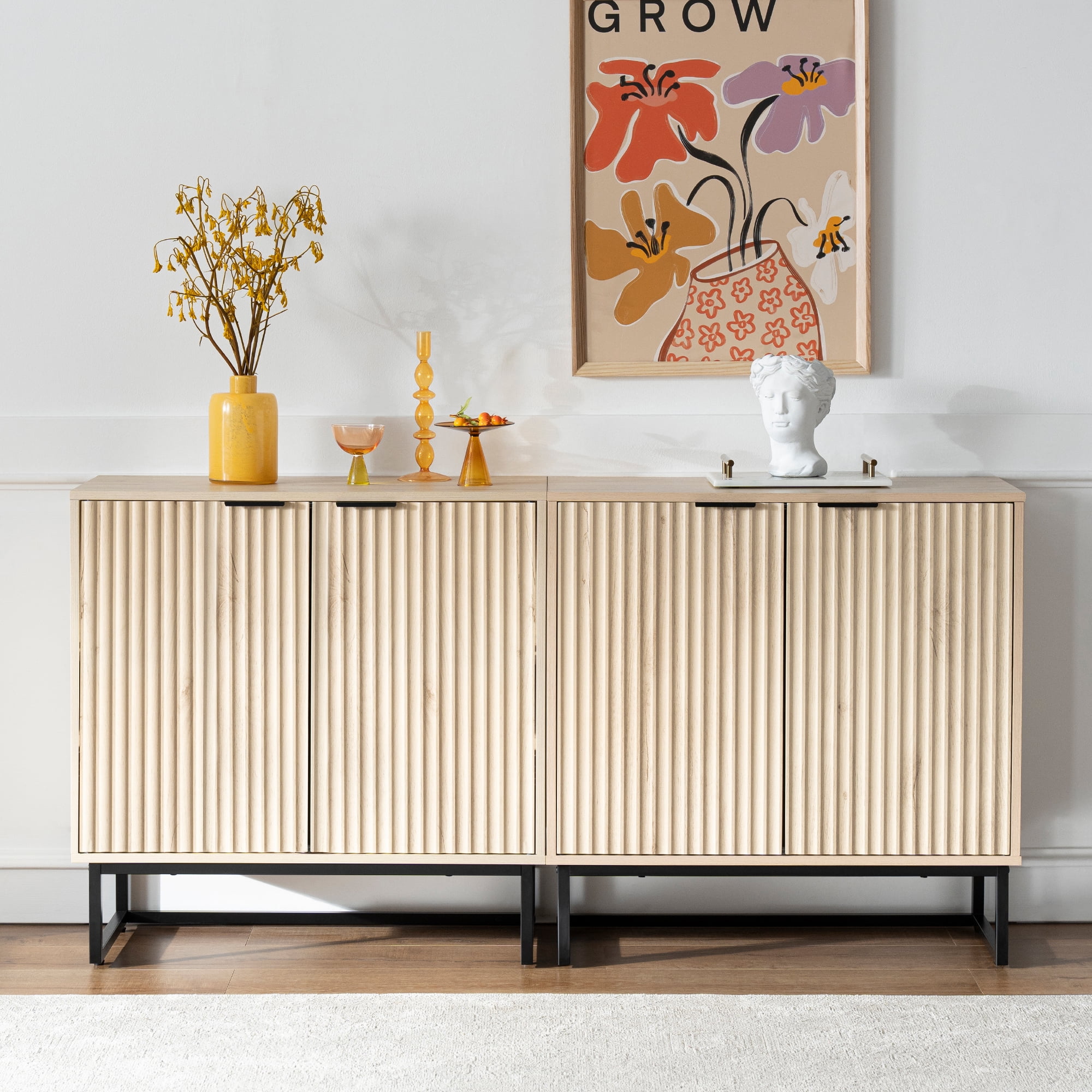 Joyyskill Fluted Storage Cabinets Set of 2, Sideboard Buffet Cabinet with Adjustable Shelves, Multifunctional Console Table Accent Cabinet, Light Oak