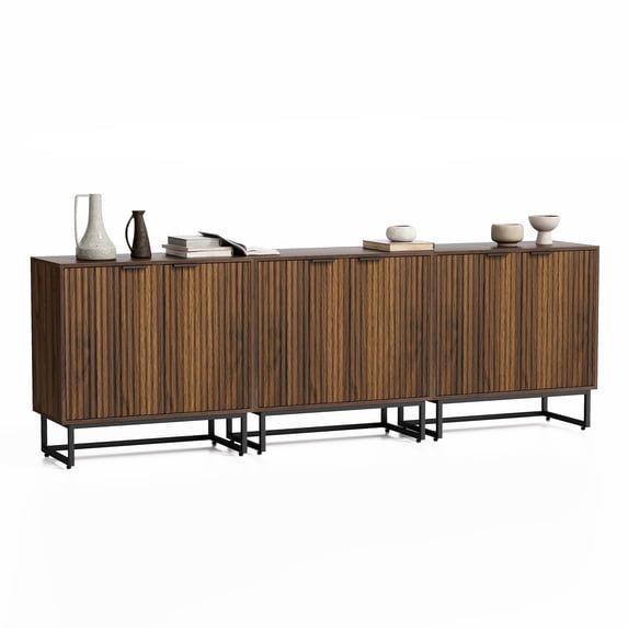 Joyyskill Fluted Storage Cabinets Set of 3, Sideboard Buffet Cabinet with Adjustable Shelves, Multifunctional Console Table Accent Cabinet, Brown