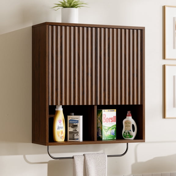 Joyyskill Fluted Wall Cabinet, Modern Medicine Cabinet Bathroom with Doors and Adjustable Shelf Towel Rack Wood Storage Cabinet,Brown