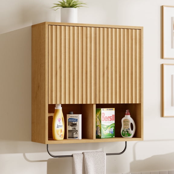 Joyyskill Fluted Wall Cabinet, Modern Medicine Cabinet Bathroom with Doors and Adjustable Shelf Towel Rack Wood Storage Cabinet,Natural Oak