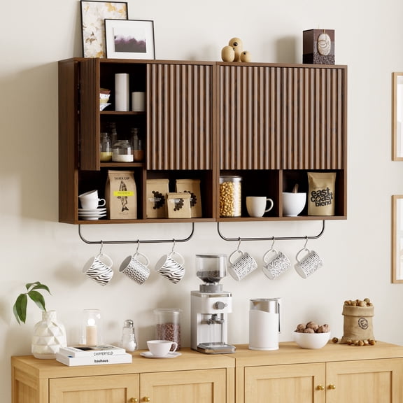 Joyyskill Fluted Wall Cabinets with Doors and Shelves Set of 2, Modern Medicine Cabinet Bathroom Adjustable Shelf Towel Rack Wood Storage Cabinet,Brown