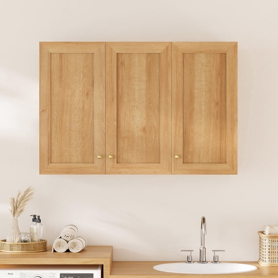 Joyyskill Large Wall Cabinets Laundry Room Wall Mounted Medicine Cabinet with 3 Door and Shelves Floating Cupboard Kitchen Organizers Pantry Cabinets, Natural Oak