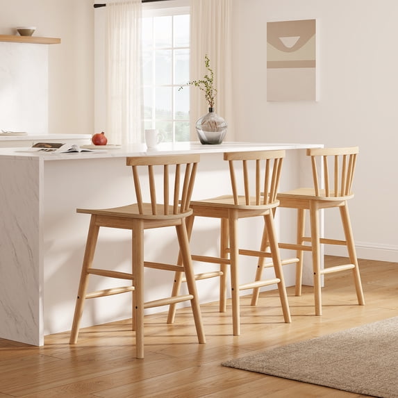 Joyyskill Modern Bar Stools Set of 3, 24" Wooden Counter Height Barstools, Modern Armless Farmhouse Bar Dining Chairs with Back & Footrest, Natural Oak