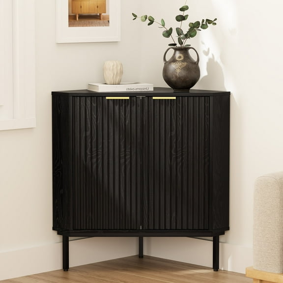 Joyyskill Modern Corner Cabinet, Fluted Small Floor Storage Cabinet with Adjustable Shelf, Freestanding Narrow Organizer for Living Room, Black