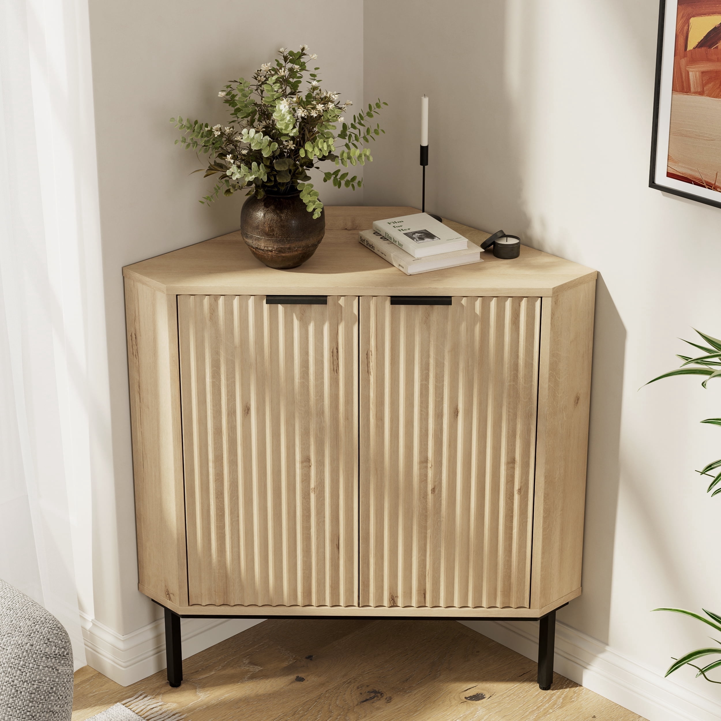 Joyyskill Modern Corner Cabinet, Fluted Small Floor Storage Cabinet with Adjustable Shelf, Freestanding Narrow Organizer for Living Room, Light Oak