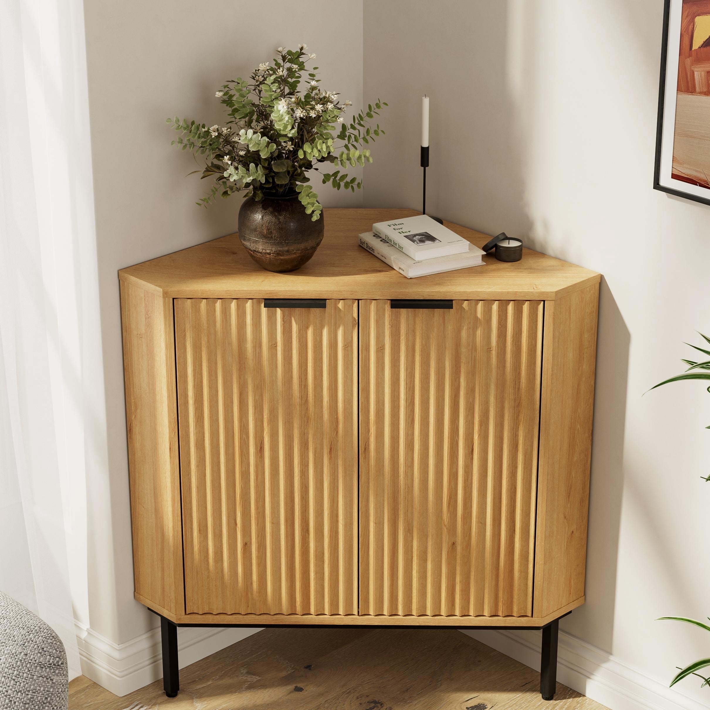 Joyyskill Modern Corner Cabinet, Fluted Small Floor Storage Cabinet with Adjustable Shelf, Freestanding Narrow Organizer for Living Room, Natural Oak