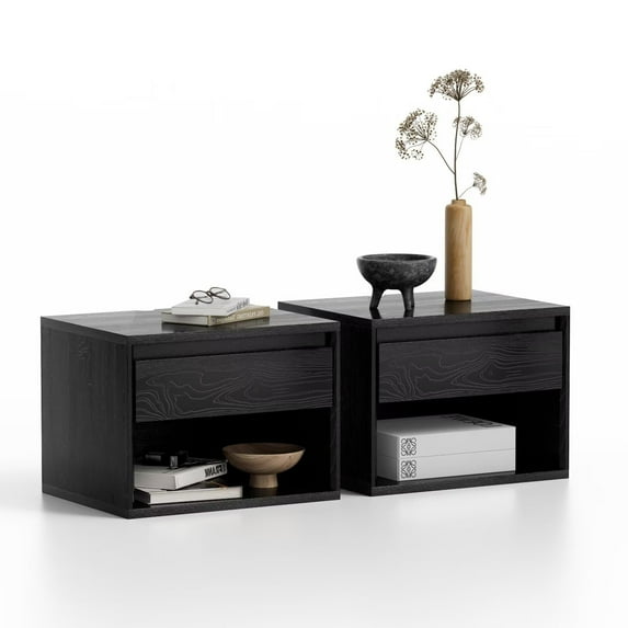 Joyyskill Modern Floating Nightstand with Drawer and Open Shelf, Small Wall Mounted Bedside End Table, Black