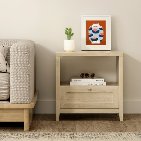Joyyskill Modern Nightstand with Storage, Farmhouse End Table with Drawer, Freestanding Wide Bedside Table for Living Room, Bedroom, Light Oak