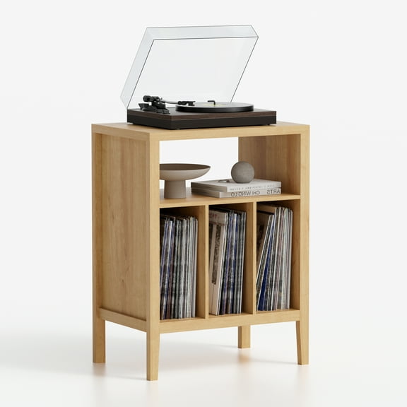 Joyyskill Modern Record Player Stand, Vinyl Record Storage Cabinet with Open Shelf, Wood Records Player Table Cube Storage Organizer, Natural Oak