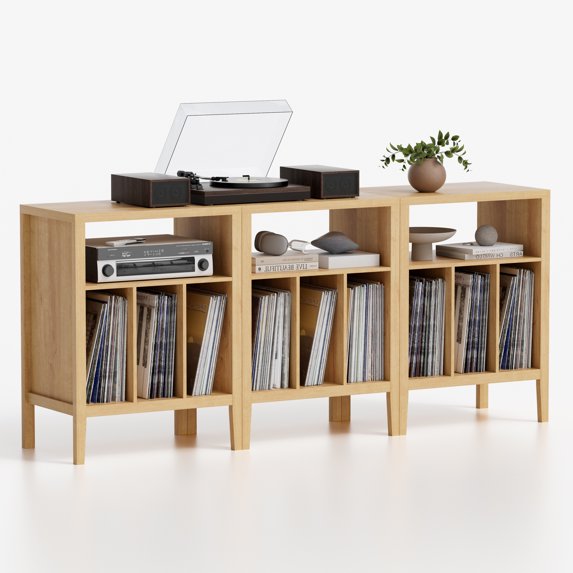 Joyyskill Modern Record Player Stand, Vinyl Record Storage Cabinet with Open Shelf, Wood Records Player Table Cube Storage Organizer, Natural Oak