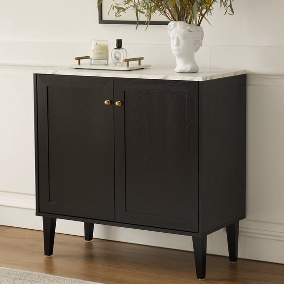 Joyyskill Modern Storage Cabinet Freestanding Accent Cabinets Sideboard Buffet with Faux Marble Top & Adjustable Shelves Wooden Organizer,Black