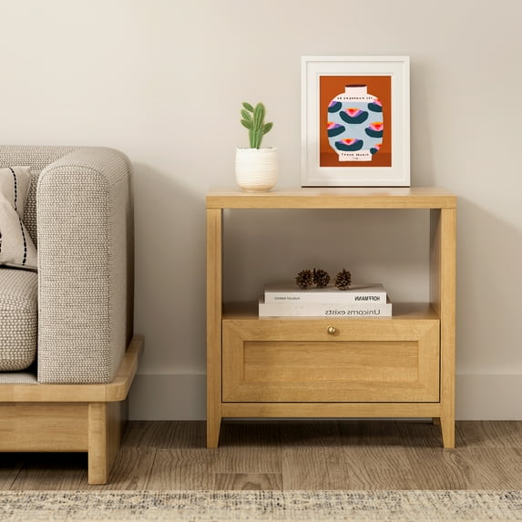 Joyyskill Nightstand with Storage, Modern Farmhouse End Table with Drawer Wide Bedside Table for Bedroom, Natural Oak