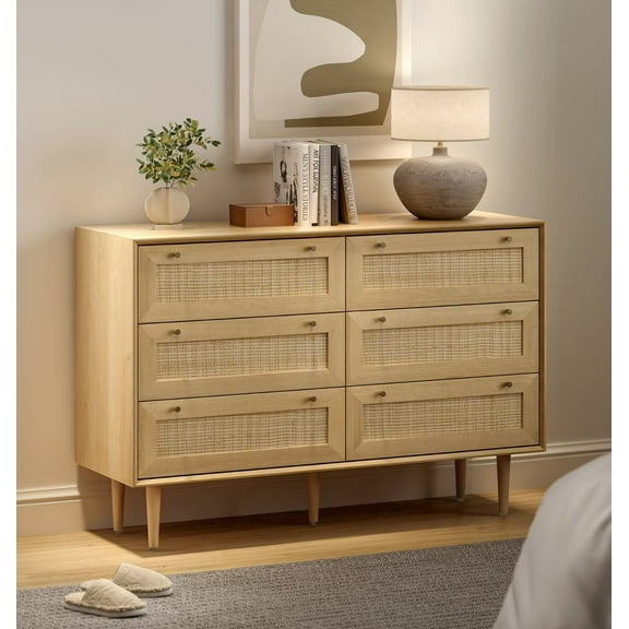 Joyyskill Rattan 3 Drawer Dresser, Mid-Century Chest of Drawers with Storage Boho Closet Dresser Wood Storage Organizer, Natural Oak