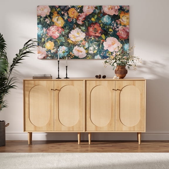Joyyskill Rattan Storage Cabinet with Doors and Adjustable Shelves, Set of 2 Buffet Sideboard, Wood Buffet Cabinet with Magnetic Waterproof Design, Natural Oak