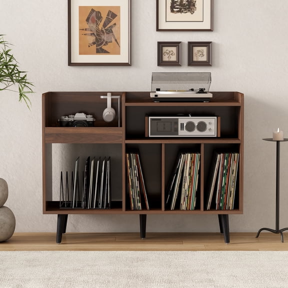 Joyyskill Record Player Stand with Vinyl Storage Cabinet,Open Record Player Table, Rustic 1PC Brown